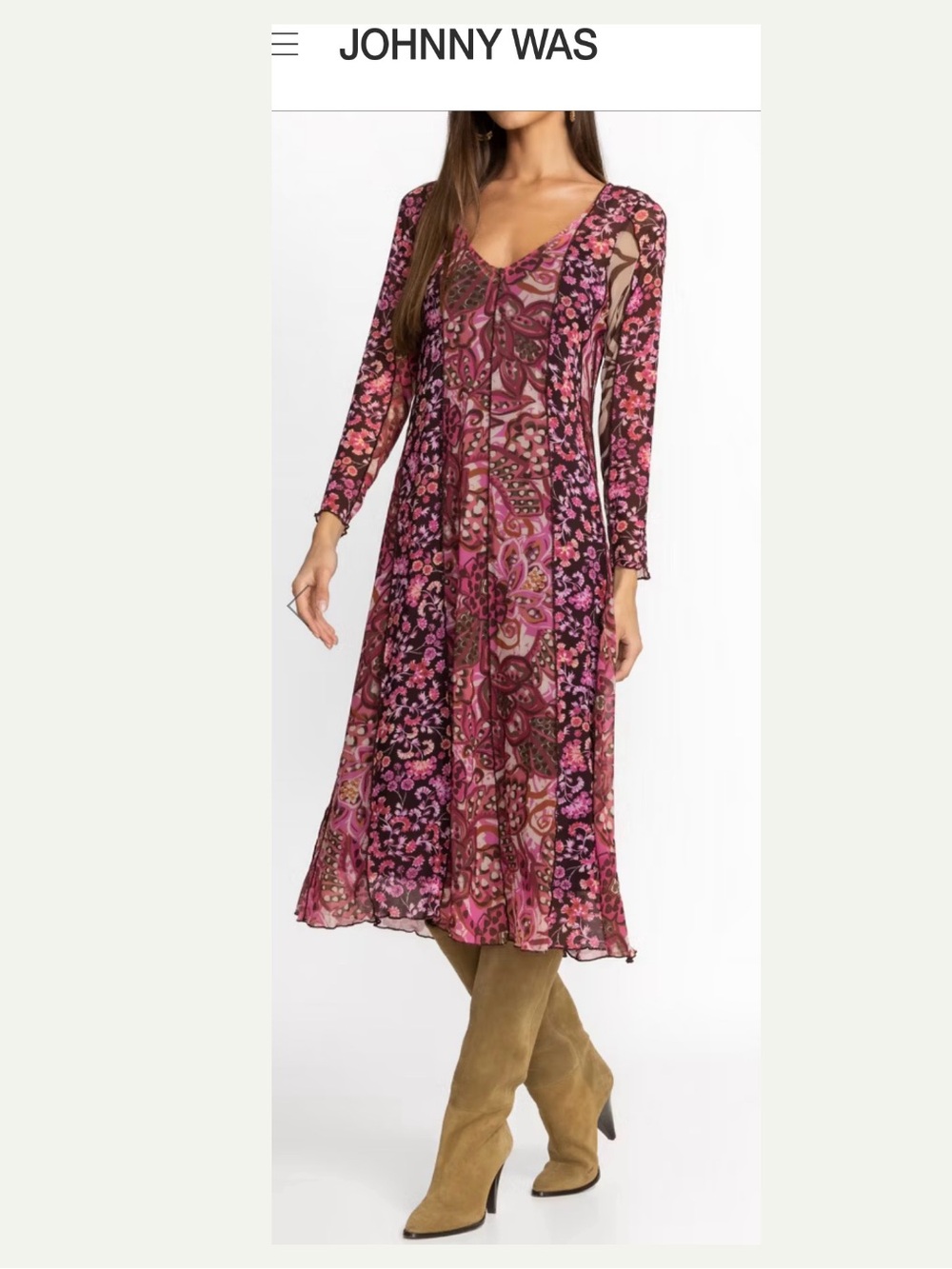 Johnny Was  Mesh Pink Paisley & Floral V‑Neck Long Sleeve Midi Dress Medium